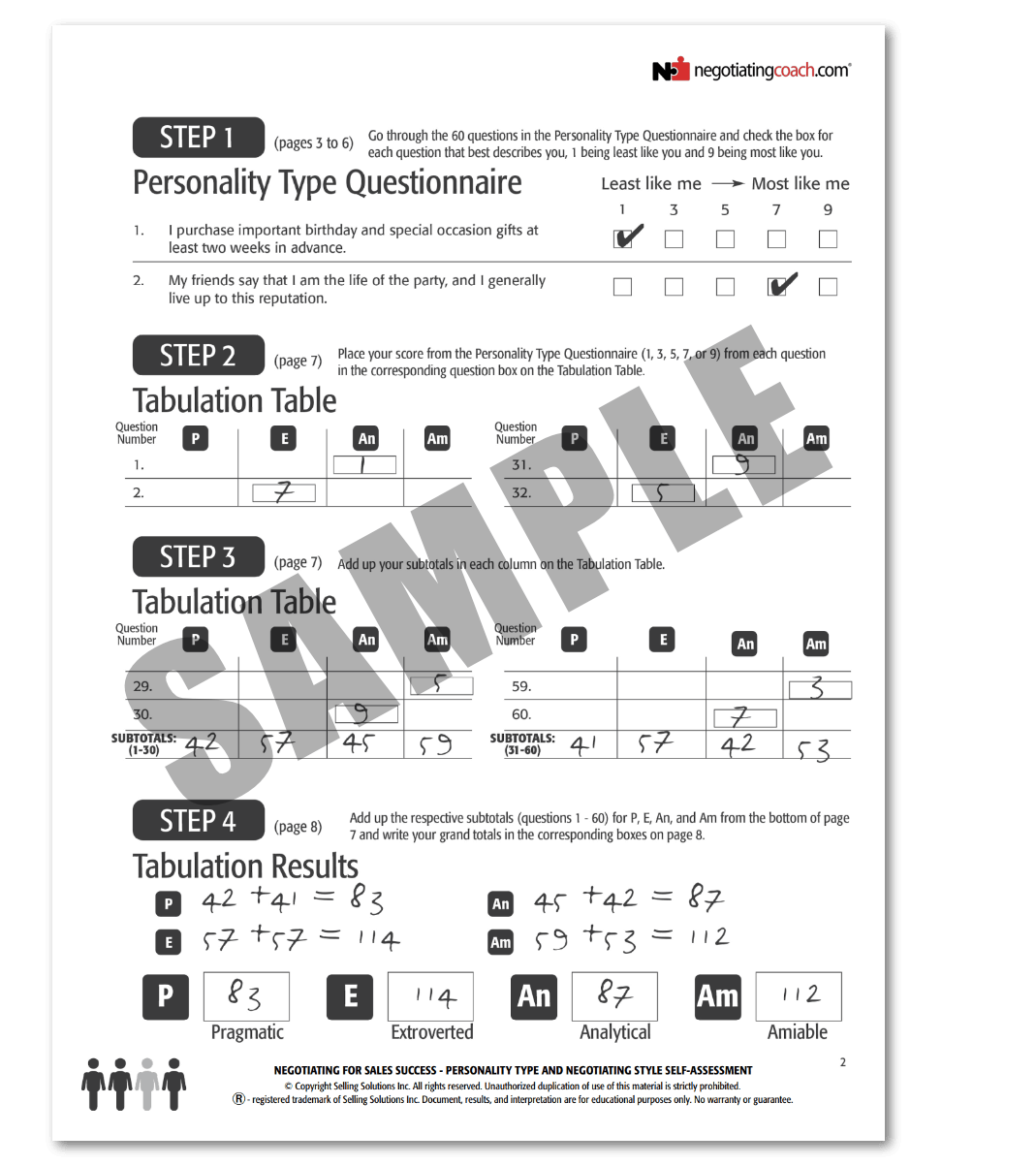 Negotiation Personality Assessment sample questionnaire tabulation page.